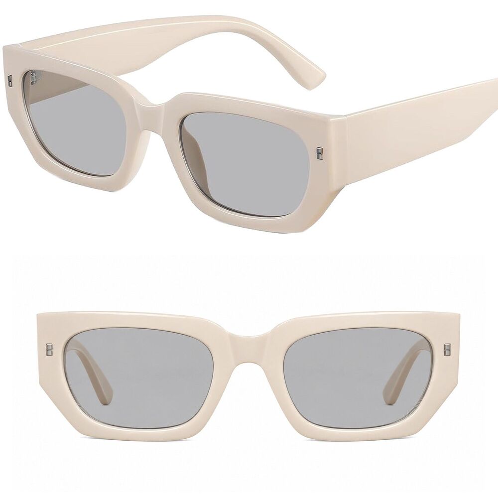 Women's Beige Gray Narrow Rectangle Retro Y2K Thick Frame Fashion Sunglasses